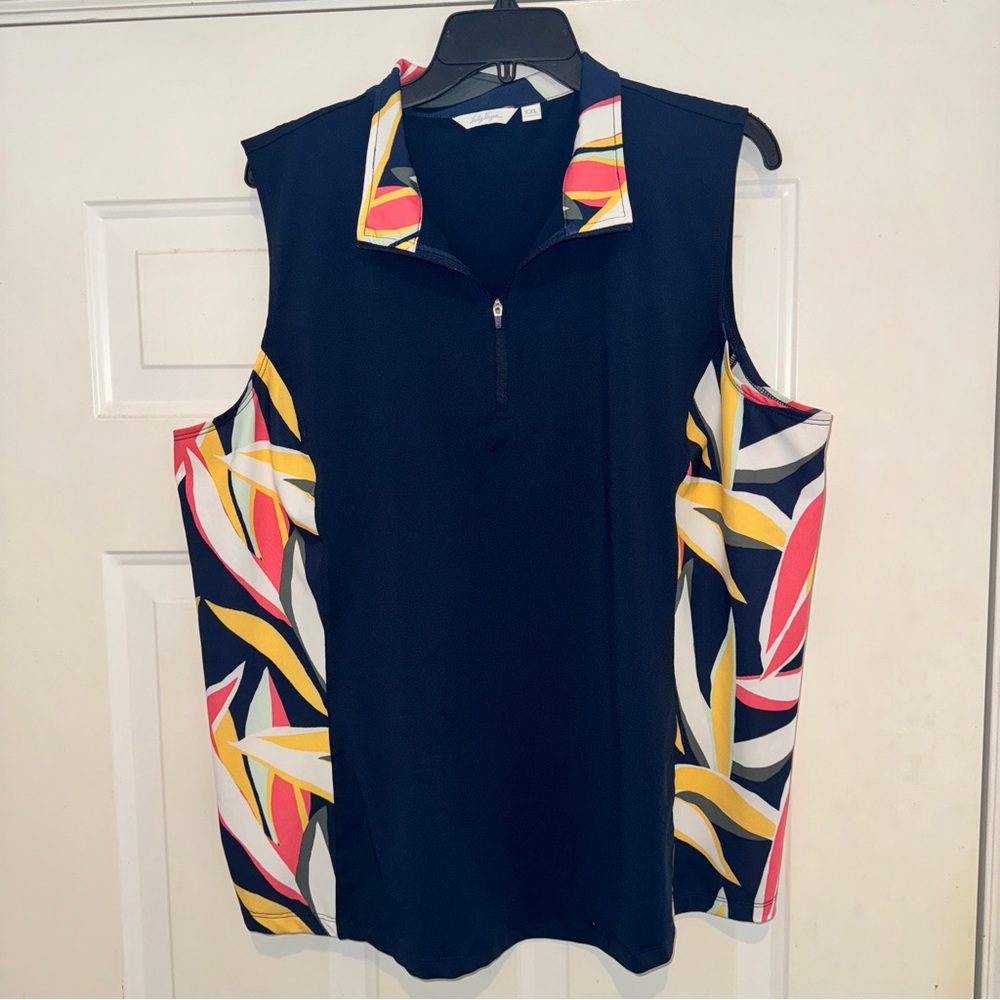 Lady Hagen Dark Navy Desert Getaway Retro Leaf Print Sleeveless Golf Shirt XXL